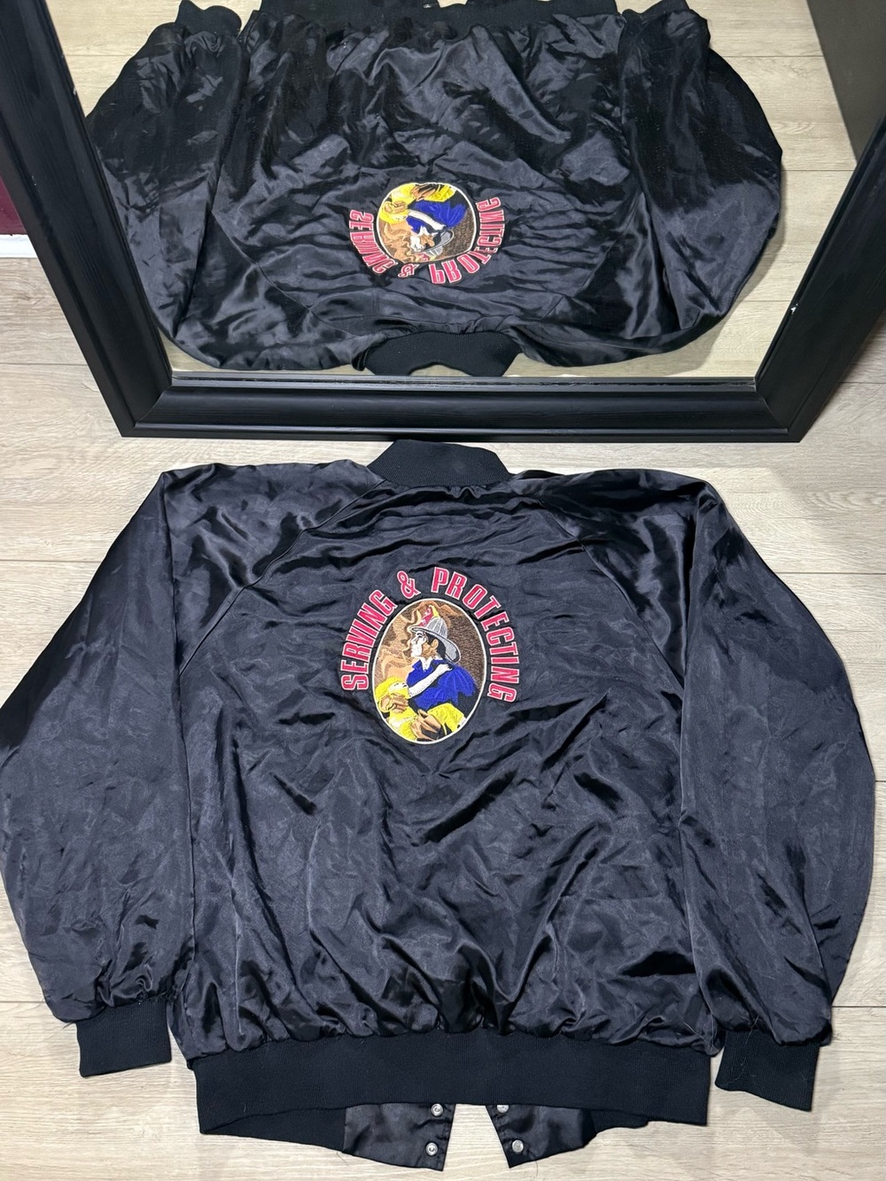 Vintage 1990s Serving & Protecting Auburn Firefighter Embroidered Satin Jacket
